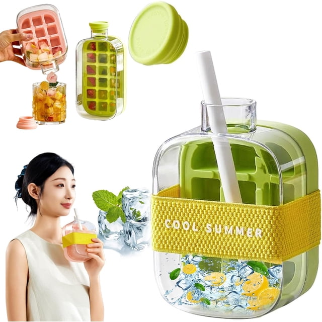 Ice Bottle Cup, Ice Cube Bottle, Water Bottle Ice Cube Tray, Cool Summer Ice Cube Cup, 2 In 1 Touch-Free Ice Cube Tray Water Bottle with Straw & Strap (500ml Green)