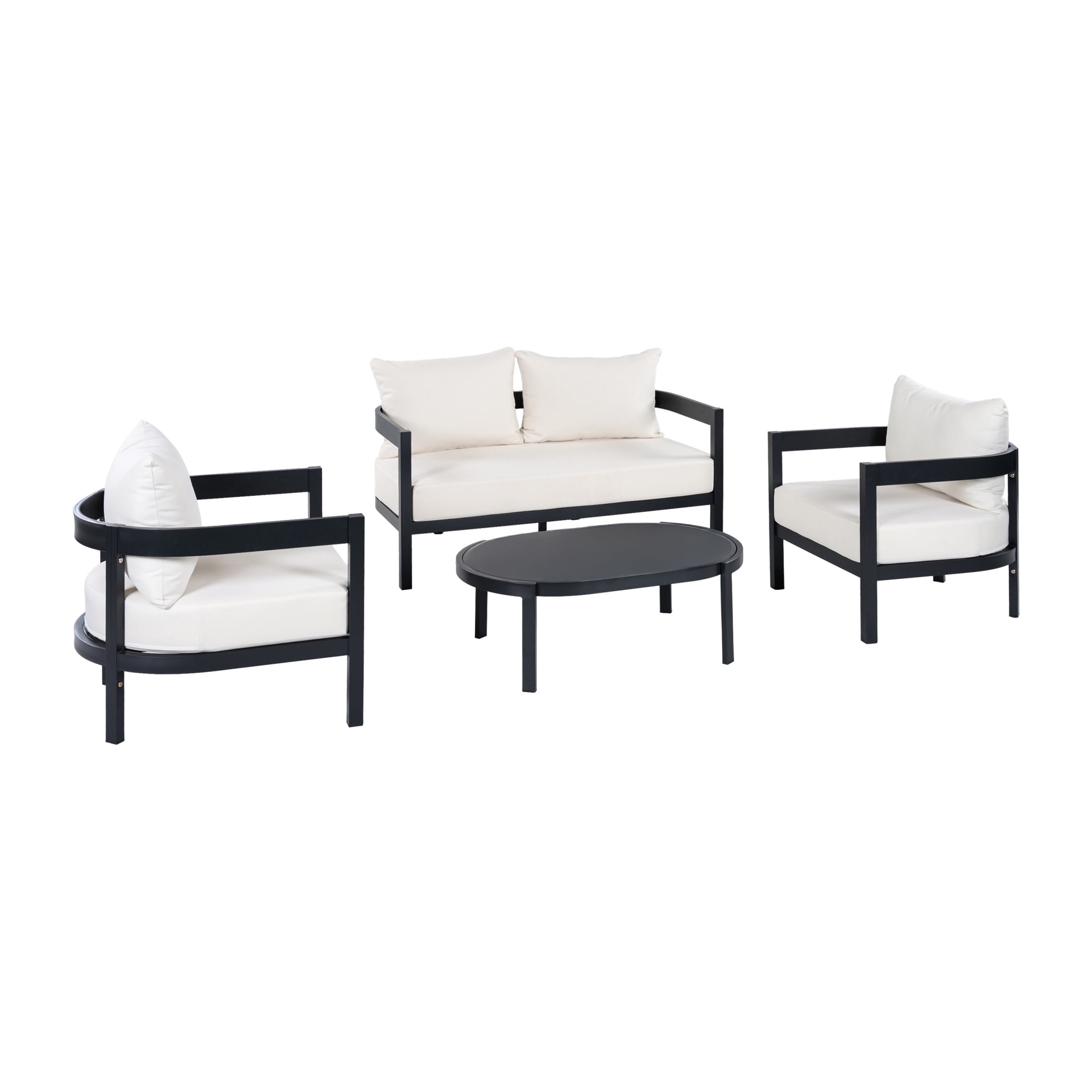 Christopher Knight Home 4 Piece Patio Conversation Set, Aluminum Sofa Chairs with Glass Table, Black + White
