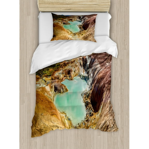 Iceland Duvet Cover Set Twin Size, Panoramic View of Blue Pond on a Volcanic Area in Iceland, Decorative 2 Piece Bedding Set with 1 Pillow Sham, Fawn Almond Green, by Ambesonne