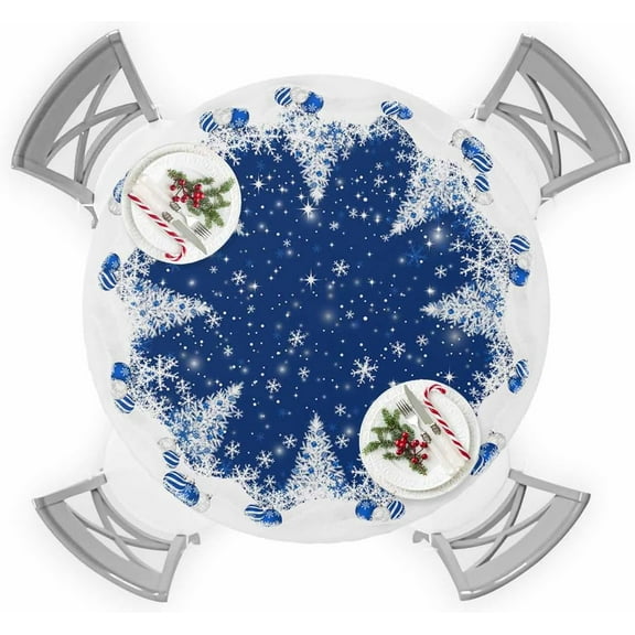 Christmas Round Tablecloth for 45"-54" Tables, Waterproof Outdoor Table Cloths 54 Inch Round Fitted Tablecloth with Elastic, Navy Blue Xmas Tree Winter Balls Snowflakes Table Cloth Cover for Picnic