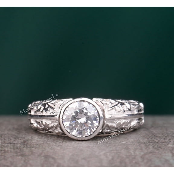 Round Cut Diamond Engagement Ring, Bezel Set Ring, Filigree Engraved Shank Ring, 925 Sterling Silver, 1.6 Ct Simulated Diamond, Anniversary Gift Ring For Wife