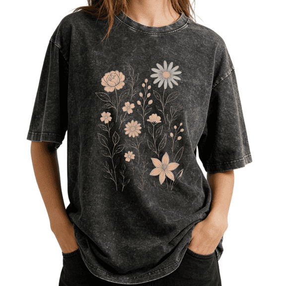 Muted Wildflower Bouquet Art Wash Print T shirt Graphic Tees Shirts Charcoal Oversized S-2XL Casual Tops