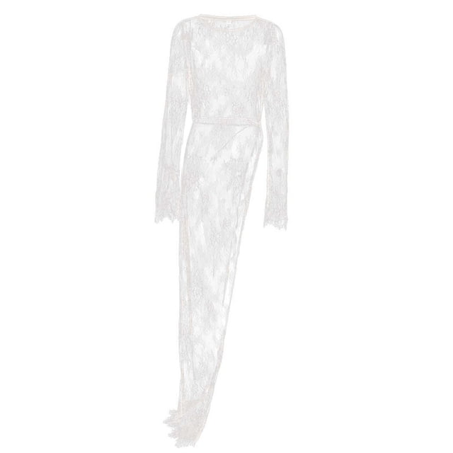 Vestido informal largo de encaje para mujer con dobladillo asimétrico y cuello redondo, ideal para el verano