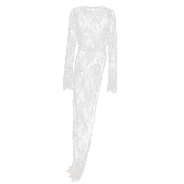 Vestido informal largo de encaje para mujer con dobladillo asimétrico y cuello redondo, ideal para el verano