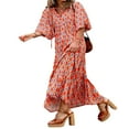 thumbnail image 3 of Robe Longue Bohème à Imprimé Géométrique pour Femmes, Col en V, Manches Longues Bouffantes, Robe Ample à Volants pour l'Été, Orange m, 3 of 8