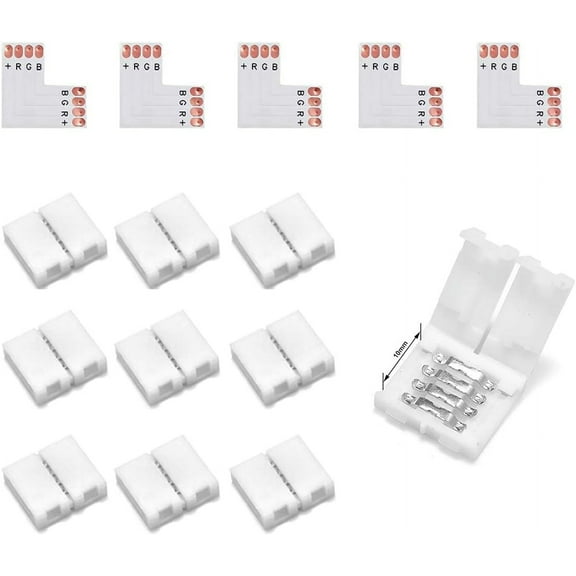 4-Pin L Shape LED Connectors(5PCS) with 10Pcs Clips 10mm Wide Right Angle Corner Connectors Solderless Adapter Connector Terminal Extension for 5050 SMD RGB 4 Conductor LED Light Strips
