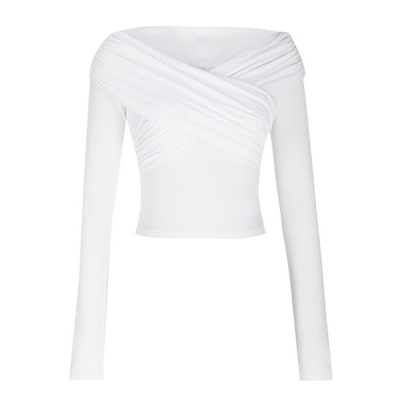 Women's Off The Shoulder Long Sleeve Bodysuit Ruched Cross Wrap Bodysuit Tops Shirts White M