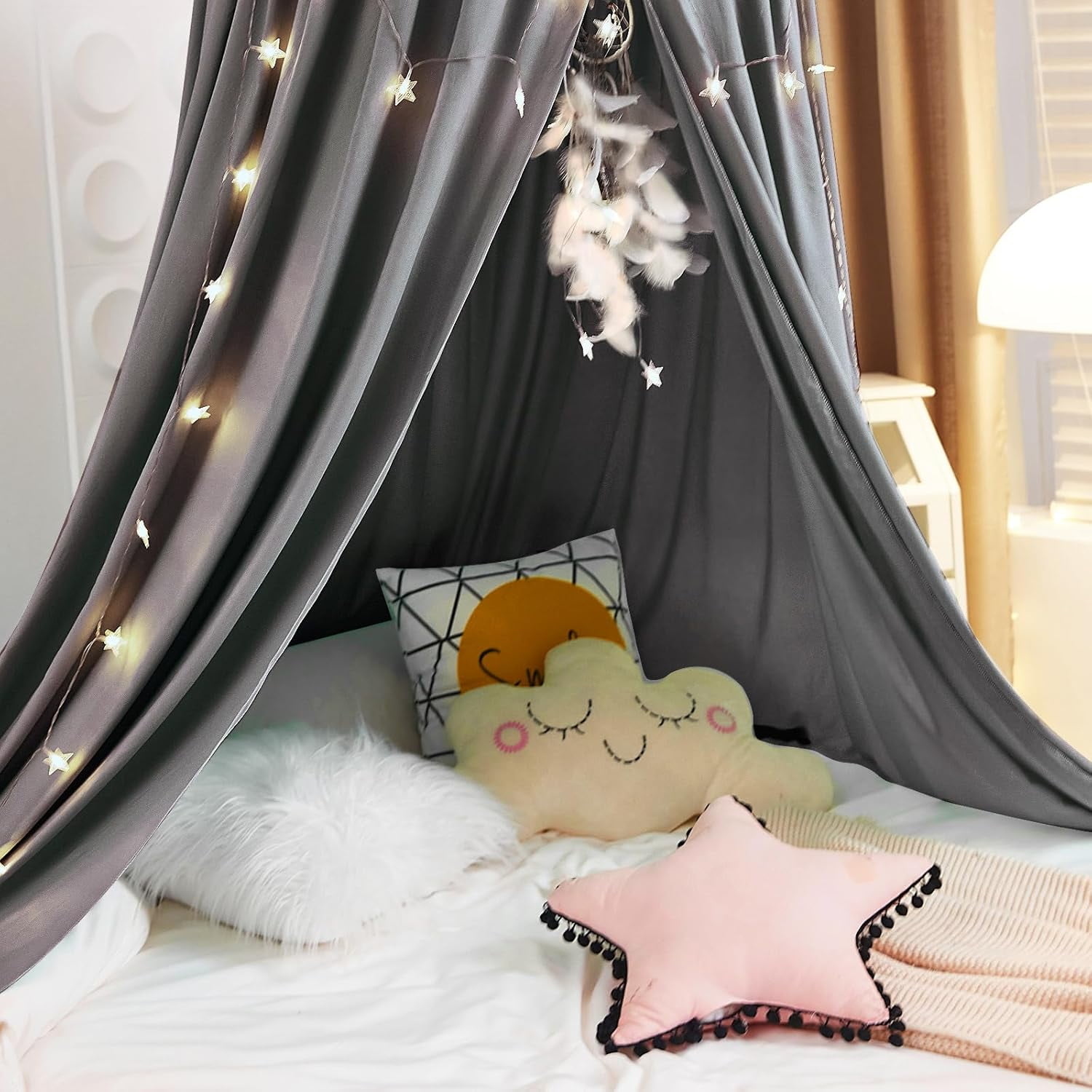 Decor Canopy for Kids Bed, Soft Smooth Playing Tent Canopy Girls Room Decoration Princess Castle, Dreamy Mosquito Net Bedding, Children Reading Nook Canopies in Home (Gray)
