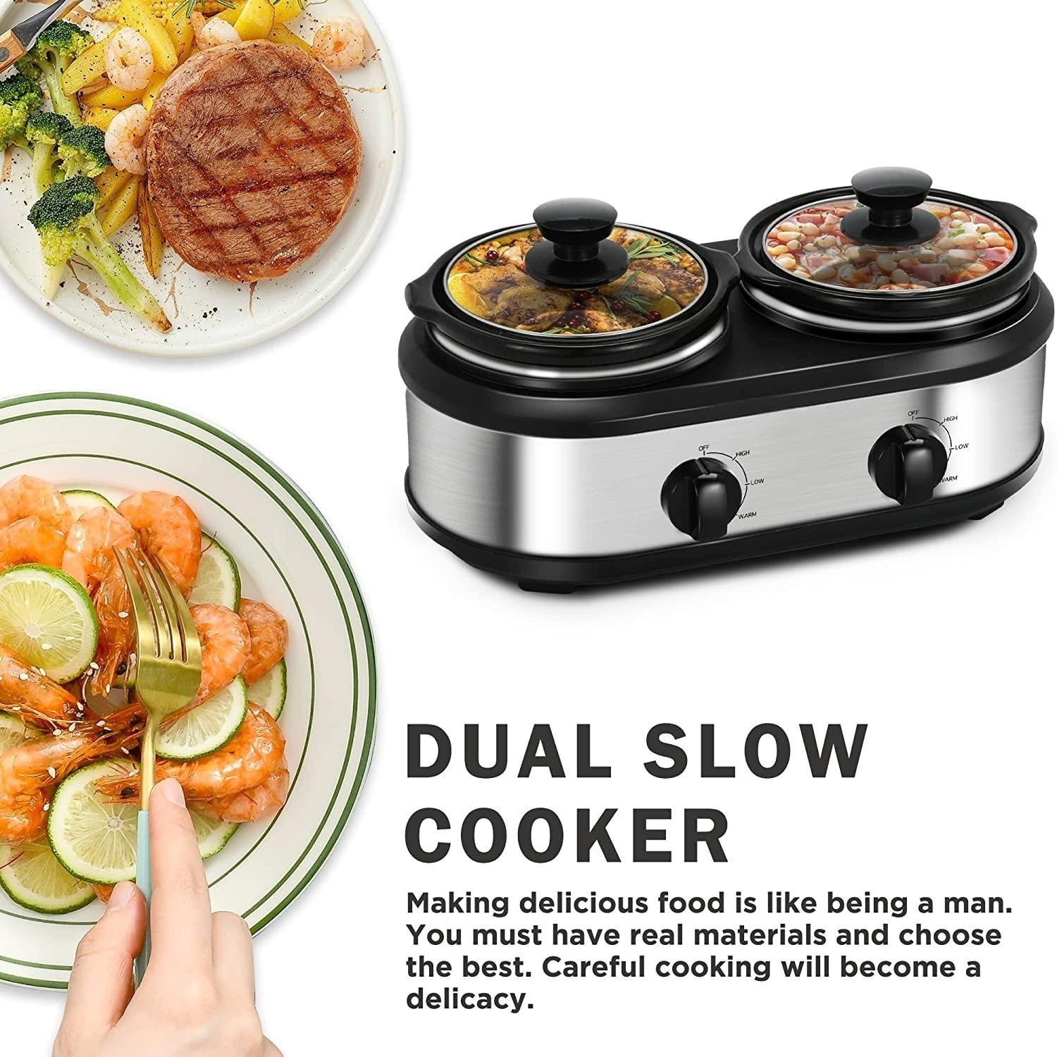 Chefman RJ15-125-D Double Slow Cooker & Buffet Server with 2 Removable 1.25  Qt. Oval Crocks, Pot Inserts Individually Heat Controlled, 2.5 Quarts