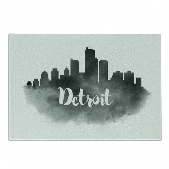 Detroit Cutting Board, Smoky City Skyline with Brushstrokes Hand Written Style Letters Buildings, Decorative Tempered Glass Cutting and Serving Board, Small Size, Charcoal Grey White, by Ambesonne