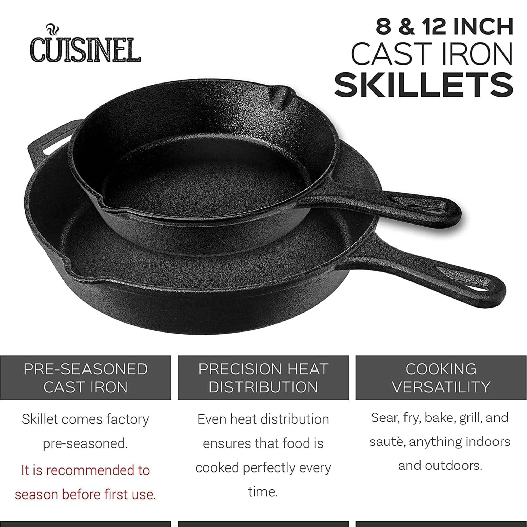 Cast Iron Cookware Set - Complete Pre-Seasoned Kit - 8 Skillet + 10+12  Skille