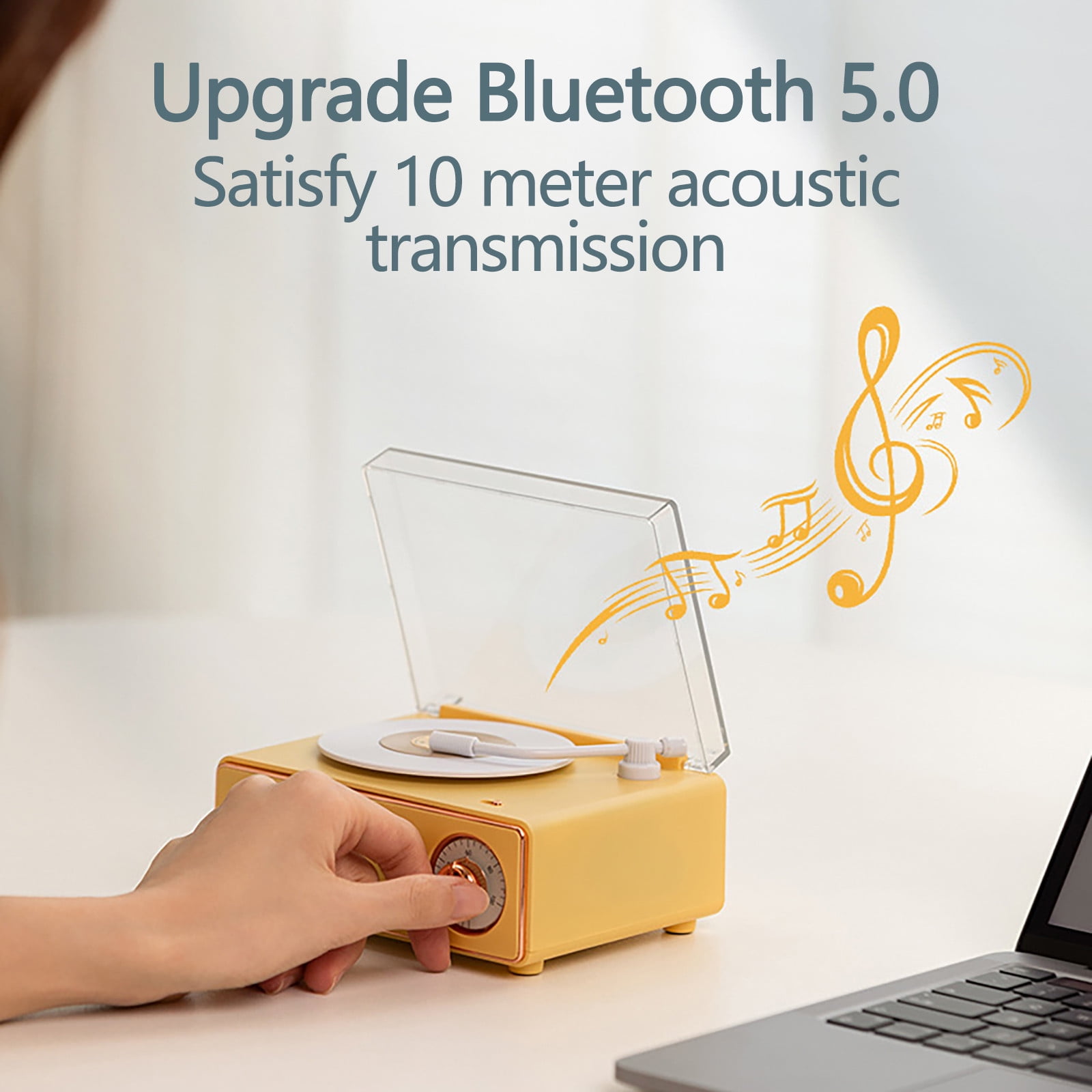 New Vintage Vinyl Bluetooth Speaker & Alarm Clock with Wireless Charging - Retro Phonograph Gift for Travel,Home,Office