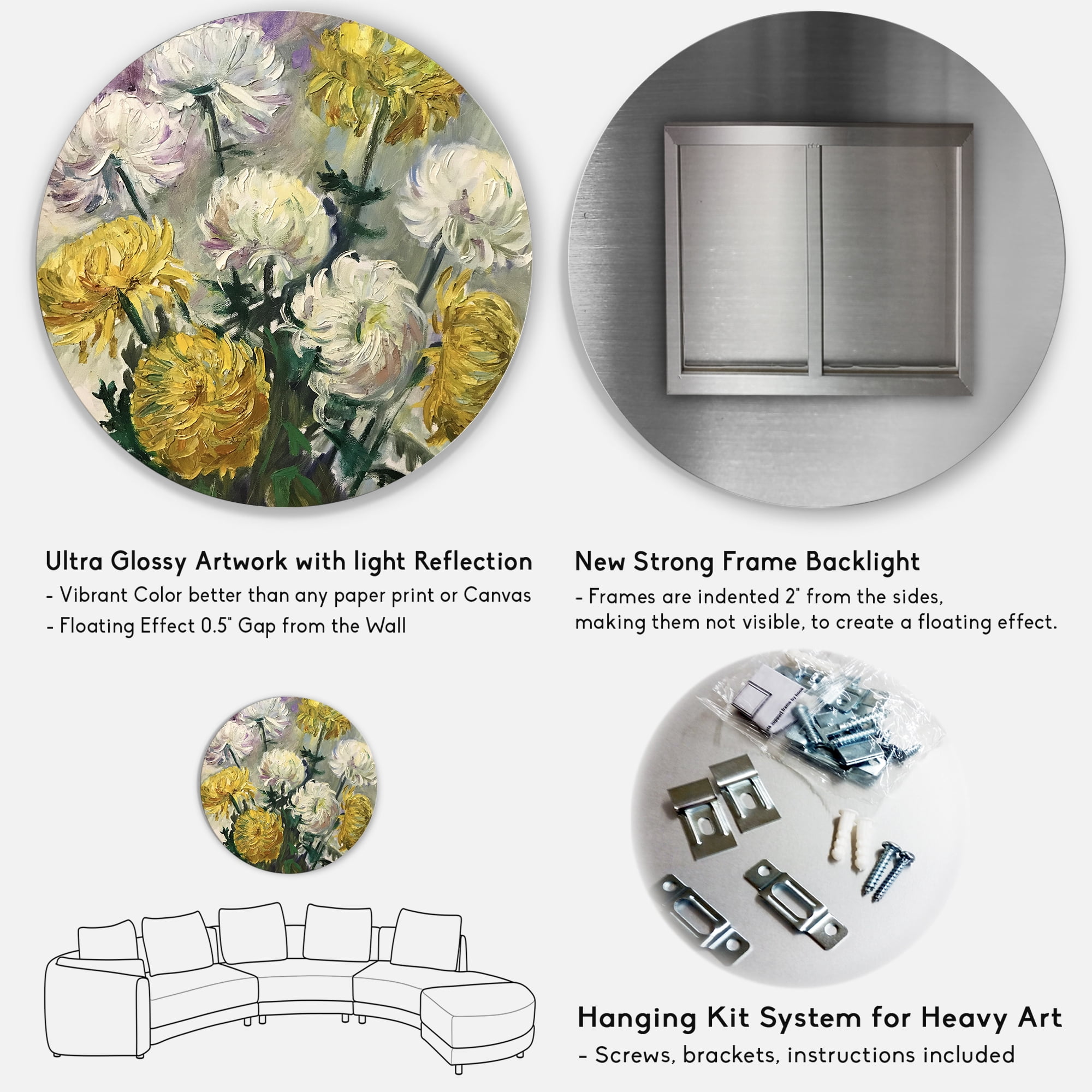 Designart 'Golden and White Daisies' Traditional Circle Metal Wall Art 29x29 - Disc of 29