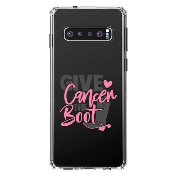 DistinctInk Clear Shockproof Hybrid Case for Samsung Galaxy S10  PLUS (6.4" Screen) - TPU Bumper Acrylic Back Tempered Glass Screen Protector - Give Cancer the Boot - Cowboy Spurs