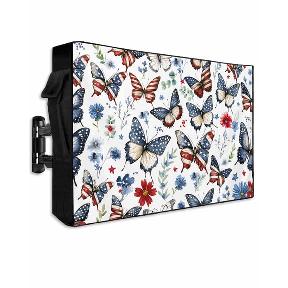 Independence Day Outdoor TV Cover 60 to 65 Inch Weatherproof, American Flag Butterfly Eucalyptus 600D Oxford TV Covers with Waterproof Zipper, Outside Flat TV Screen Protector Size 58"Wx37"Hx4.5"D