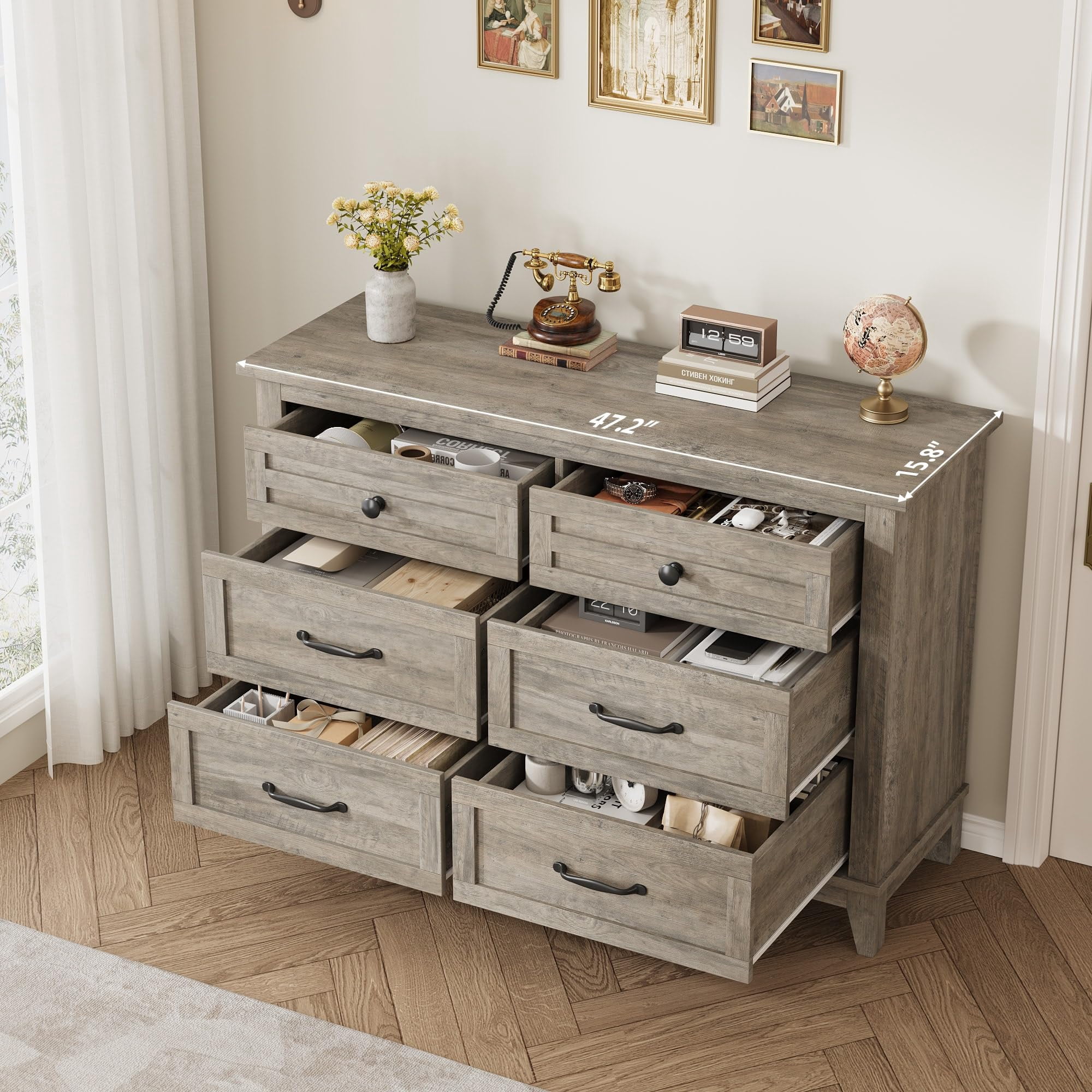 Towallmark 47" Wide Dressers for Bedroom 6 Drawers Wooden Dresser Storage Chest of Drawers for Living Room,Entryway,Gray