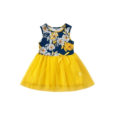

Canrulo Toddler Baby Girl Summer Outfits Dress Kids Sleeveless Flowers Print Tulle Tutu One Piece Dresses Skirt Blue Yellow 4-5 Years