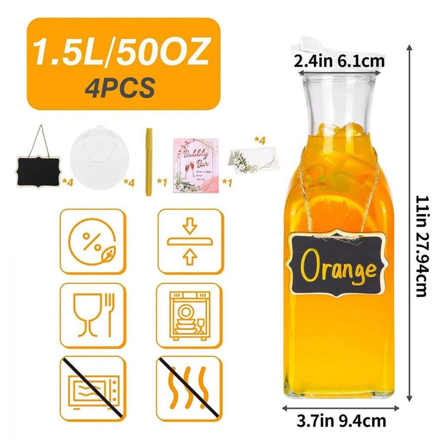 NTGFU 4pcs Glass Carafe with Lids, 50oz Beverage Serveware Carafe, Clear Glass Pitcher for Mimosa Bar, Iced Tea, Cold Beverage, Milk, Party Storage