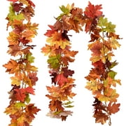 2 Pack Artificial Maple Leaf Fall Garland , Fake Faux Autumn Foliage Garland Thanksgiving Decor for Party Table Fireplace Christmas Home Wedding Decorations