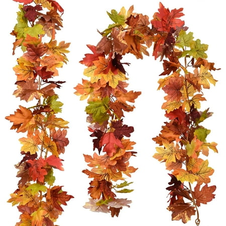 2 Pack Artificial Maple Leaf Fall Garland , Fake Faux Autumn Foliage Garland Thanksgiving Decor for Party Table Fireplace Christmas Home Wedding Decorations