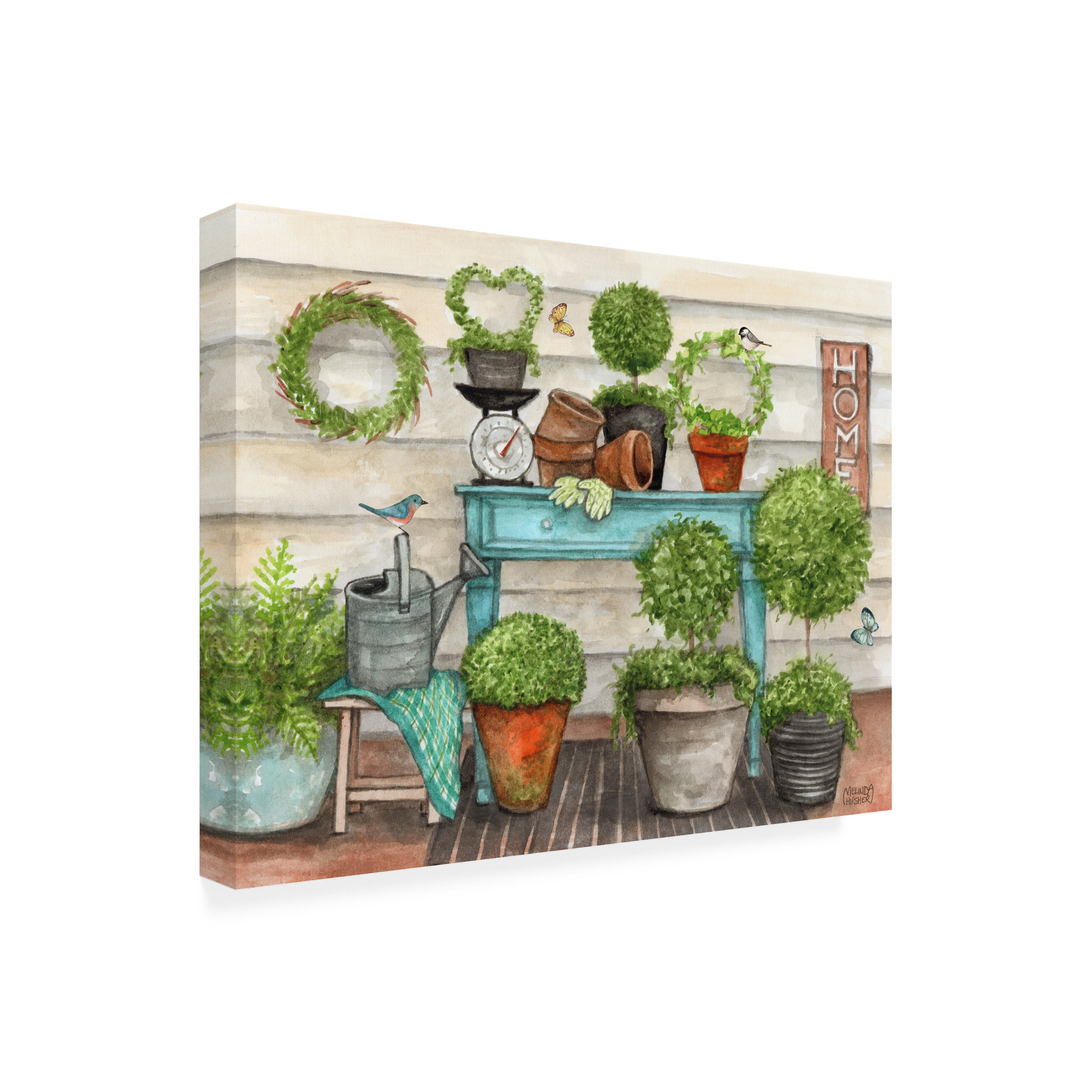 Canvas Wall Art - Melinda Hipsher 'Potted Plants With Birds and Butterflies' Wall Art for Living Room, Bedroom, or Office DÃ©cor by Trademark Fine Art - 32 x 24 Inches
