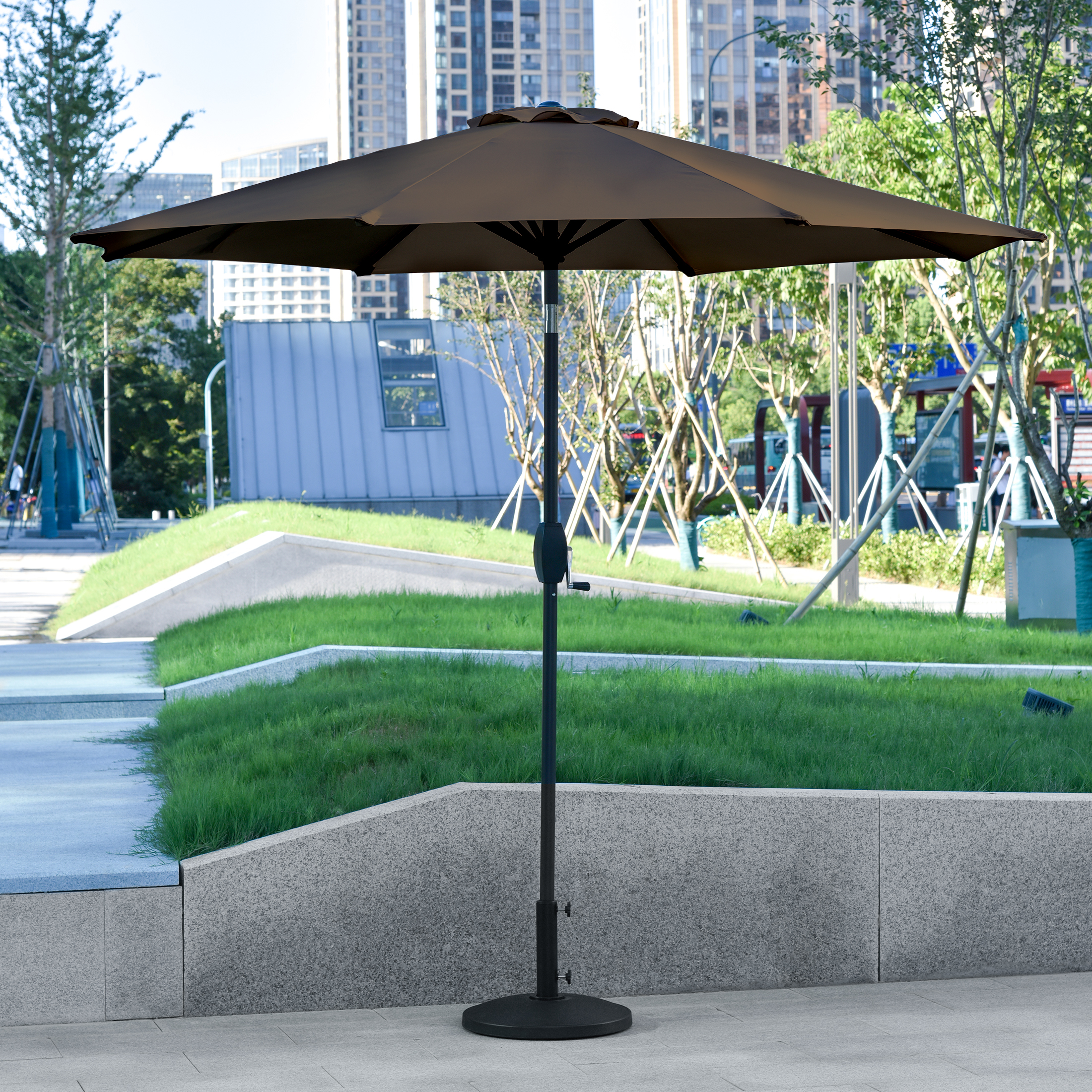 WestinTrends Paolo 9 Ft Patio Umbrella with Base Included, Market Table Umbrella with with 30 Pound Solid Decorative Round Concrete Base, Coffee