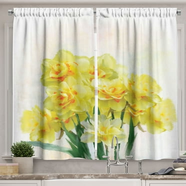 Ambesonne Flower Kitchen Curtains, Paint of Daffodils Bouquet, 55"x45", Yellow Green