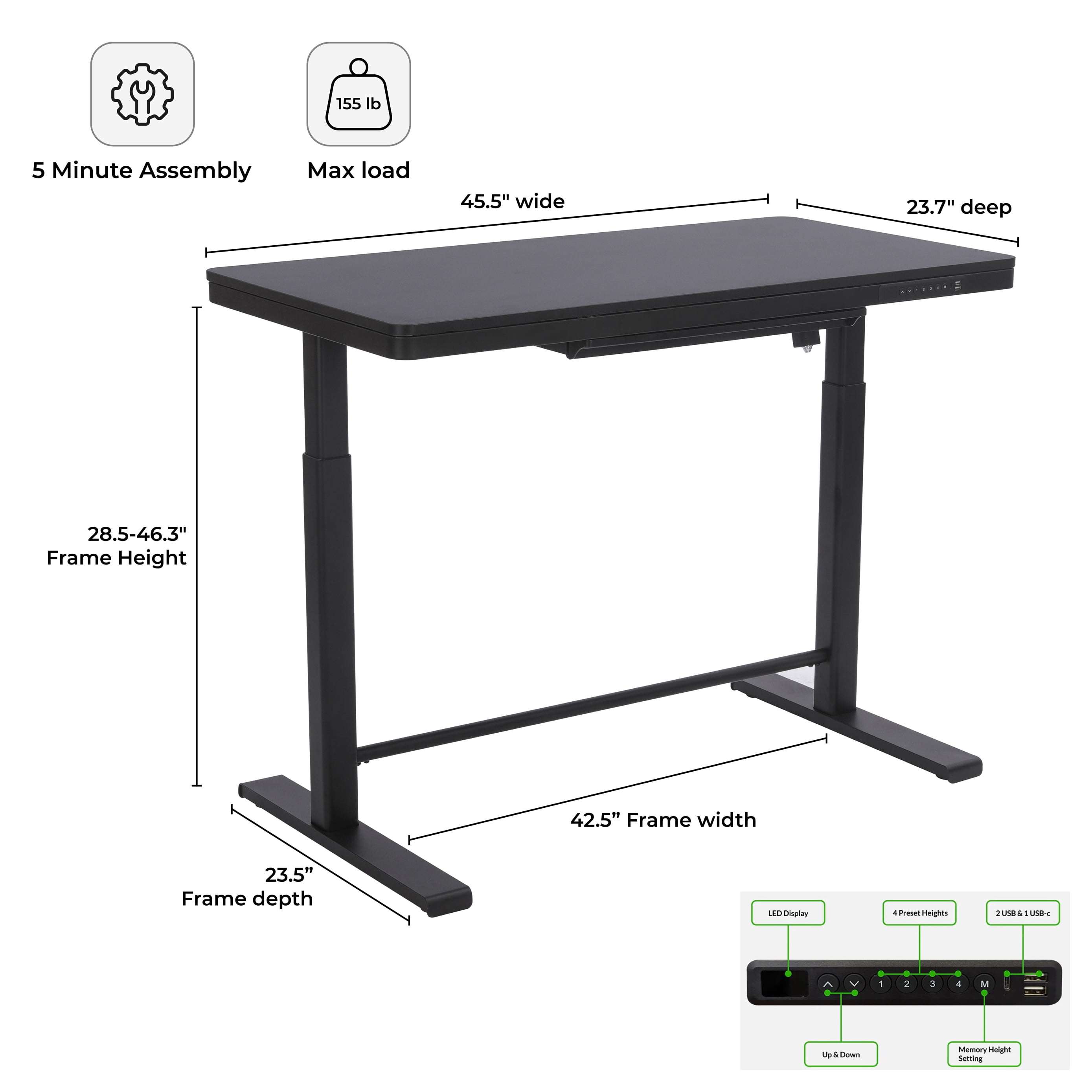 Rise Up Glass Electric Standing Desk | 45" Black Glass Top Adjustable Height Sit Stand Desk with USB-C Charging & Memory Controls