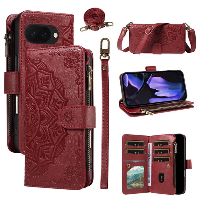 For Google Pixel 9a Wallet Case, 9 Card Slots RFID Blocking Crossbody Leather Cover, Zipper Pocket, Detachable Wrist & Shoulder Strap, Magnetic Shockproof Protective Phone Case for Women,Red