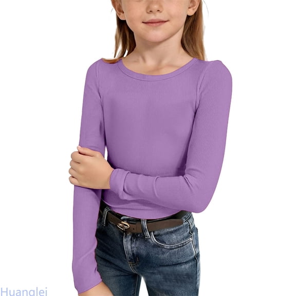 Huanglei Girls Long Sleeve Ribbed Stretch Tee Slim Fit Casual Basic Top For Kids Comfortable Everyday Wear Crew Neck Tops ,8-9 Years ,Purple