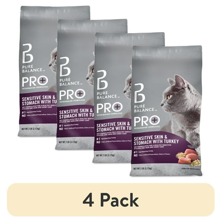 (4 pack) Pure Balance PRO+ Sensitive Skin and Stomach with Turkey Dry Cat Food, 7 lbs