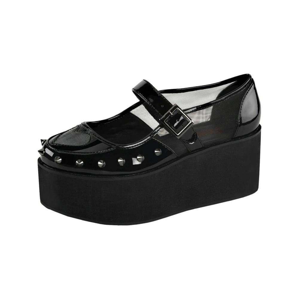 Demonia Womens Mary Jane Shoes Black Platforms Hearts Spikes Mesh 2 3