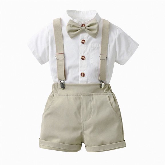 newwalpole Toddler Formal Outfit Kid Gentleman Short Sleeve Shirt Bowtie Boy Suspender Shorts Wedding Suit Boys Outfits (Beige,3-4 Years)