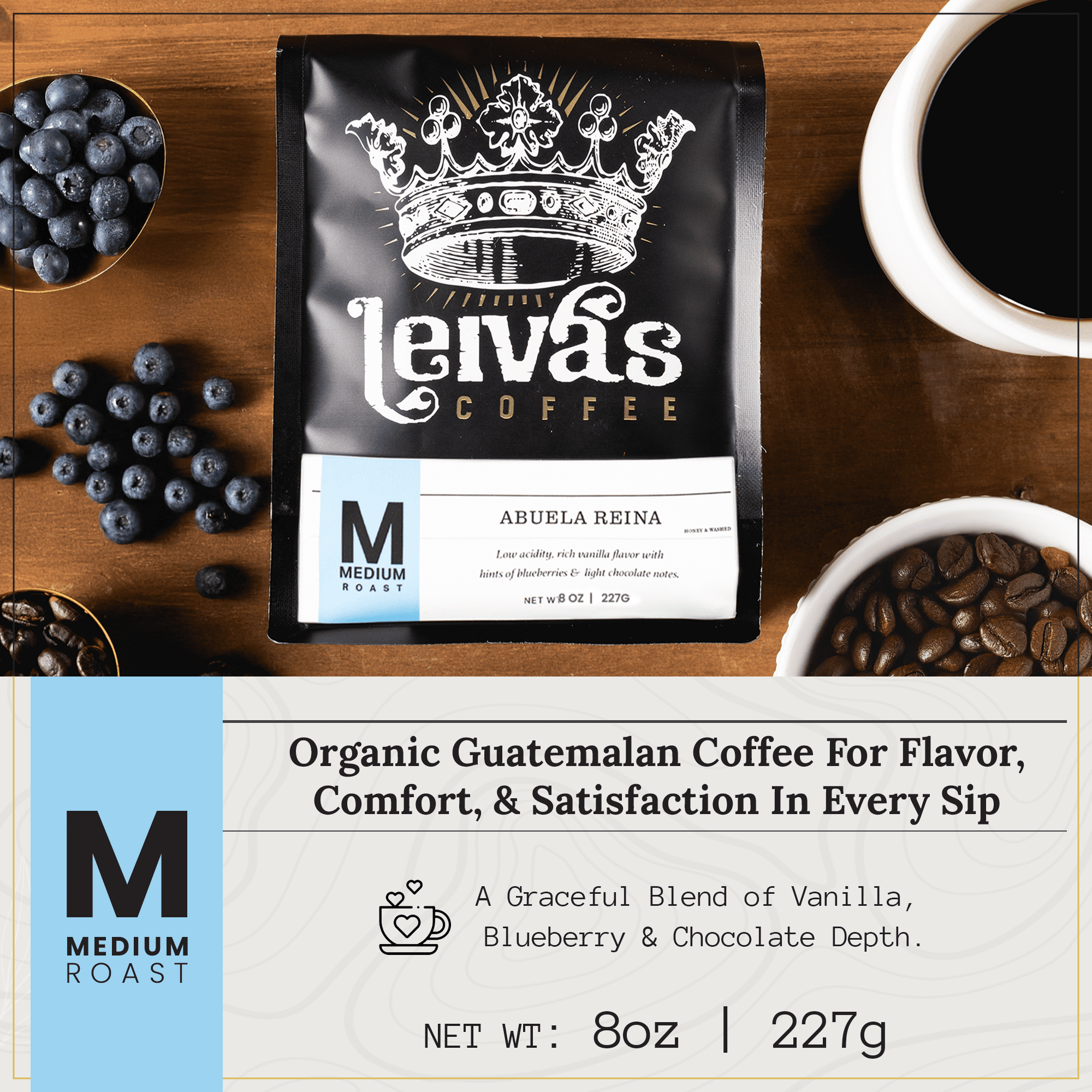 LEIVA'S COFFEE - Whole Bean Medium Roast - Abuela Reina - Single Origin, Organic Guatemalan - Nutty, Earthy, Velvety Smooth - 8oz (2 Pack)