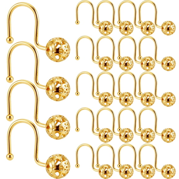 Gold Shower Curtain Hooks Rings,Set of 24 Brass Decorative Bling Metal Rustproof Shower Hangers Rings for Bathroom Curtains Rods Hollow Ball Design