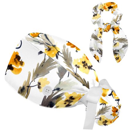 

Working Cap with Buttons and Sweatband Scrub Hat Bouffant Caps with Scrunchie Watercolor Flowers Tie Back Hats