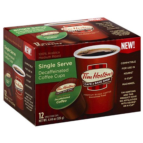 Tim Hortons 100 Arabica Medium Roast Decaffeinated Coffee Single Serve Cups, 12 count, 4.44 oz