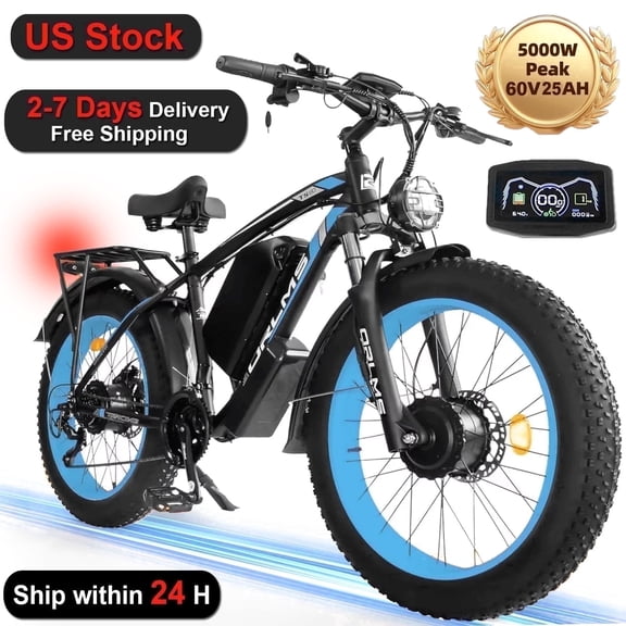 (US in Stock) 5000W Peak Dual Motor Electric Bike for Adults , 60V 25AH Removable Battery Ebike , 45-50MPH AWD 21-Speed Mountain E-Bike with 26" x 4.0 Fat Tire, Off-Road Snow EBikes