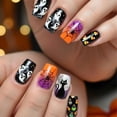 thumbnail image 2 of Tryvkinvive Short Square Press On Nails Glossy False Nails Ghost Black Cat Spider Web Candy Corn Print Halloween Decoration Spooky Reusable At Home Manicure, 2 of 10