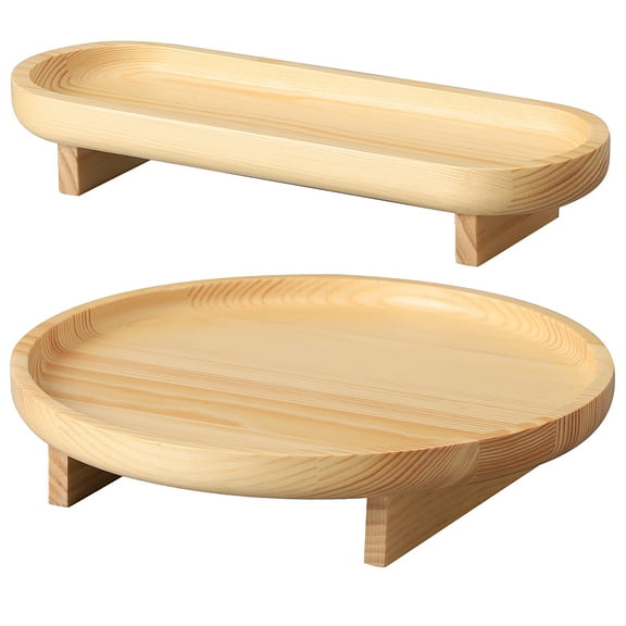 Round Wooden Decorative Tray, 2 Pcs Tray for Coffee Table, Bathroom Vanity Tray, Kitchen Counter Tray