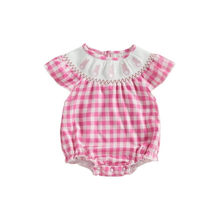 

Kupretty Baby Gir Romper Plaid Print Bunny Embroidery Fly Sleeves Jumpsuit