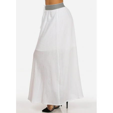 Eurotard Pull On Skirt - Womens Juniors Stylish Casual Everyday Cotton High Waisted Pull On White Maxi Skirt 40153W