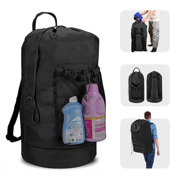 Laundry bag with Shoulder Straps and Mesh Pocket Laundry Backpack Large Portable Laundry Hamper for College Laundromat Apartment (Black)