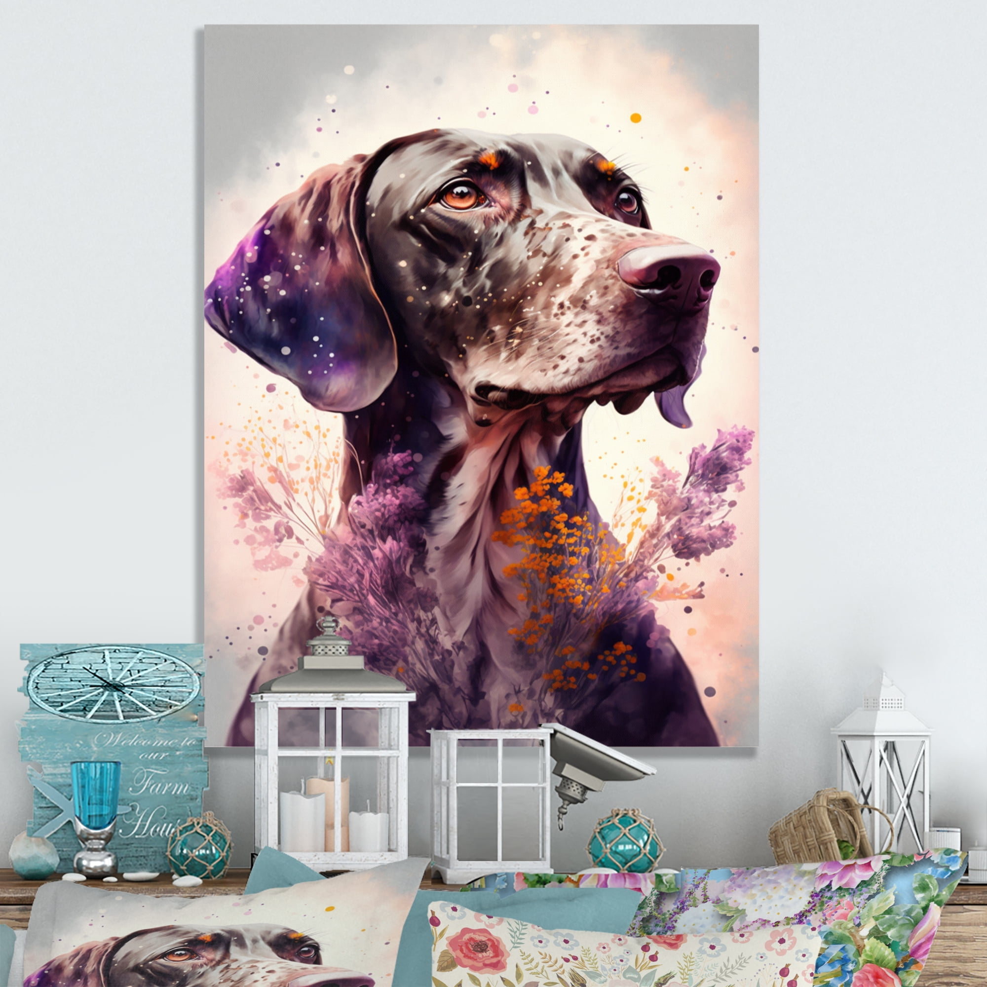 Designart Cute German Pointer Floral Art Canvas Wall Art