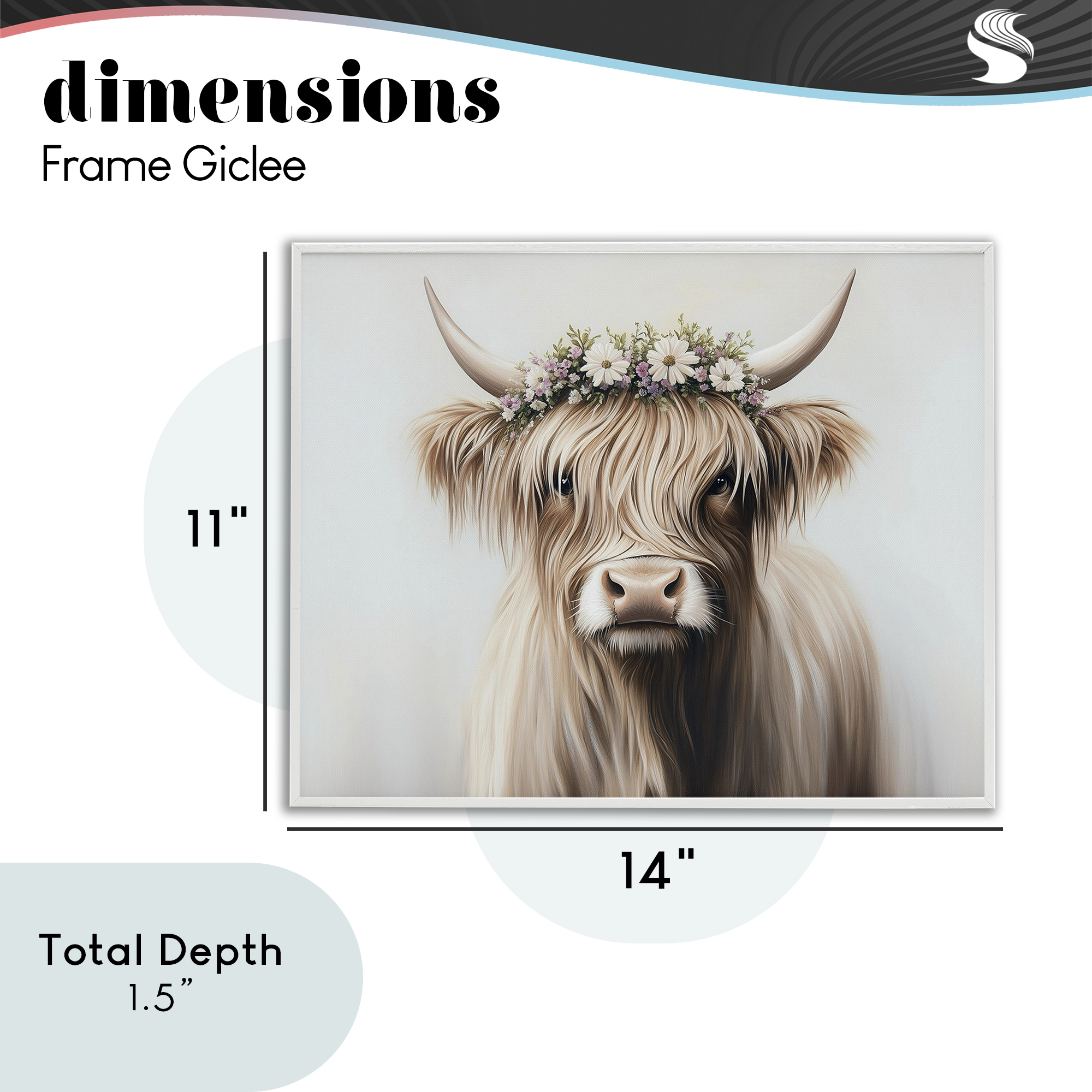 Shaggy Cattle Floral Crown White Framed Giclee Art, design by Shawna Stewart