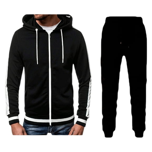 Timoontee Men's 2 Piece Set Solid Tracksuit Long Sleeve Hoodies Full Zip Sweatshirts Drawstring Elastic Waist Joggers Fashion Casual Clothes Black L