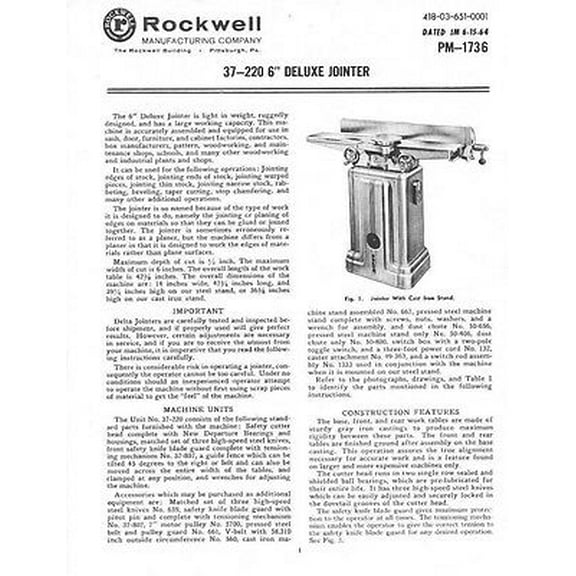 Instruction Manual ONLY for Delta Rockwell 37-220 6" Deluxe Jointer Instructions REPRINT