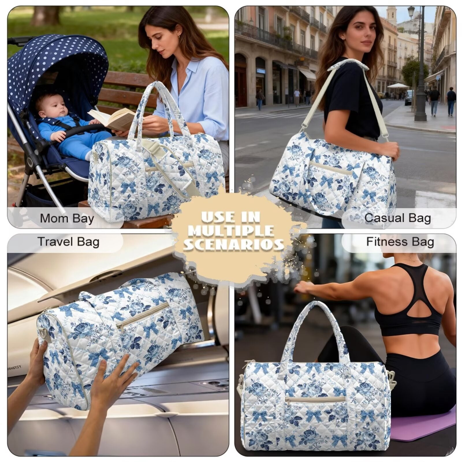 Xixirimido Travel Duffle Bag Weekender Overnight Hospital Bags for Women Lightweight Carry-on Gym Bag for Travel, Airplanes, Sports, Blue Roses Bows