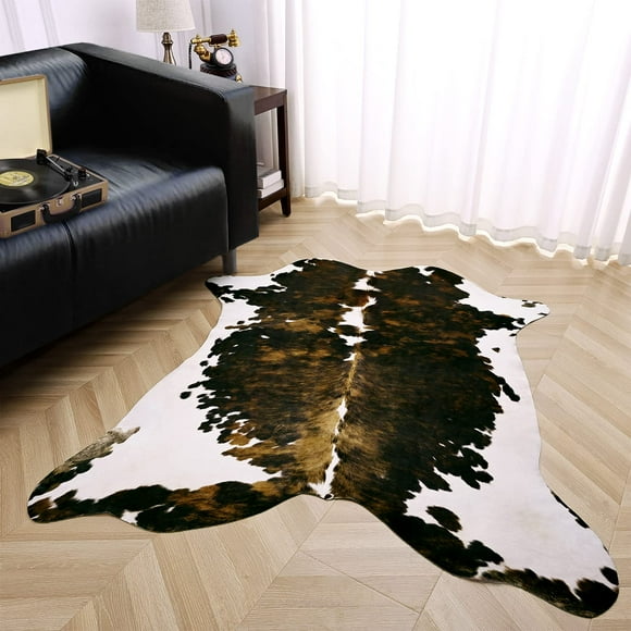 Amearea Faux Cowhide Rug, Premium Cow Print Rug for Bedroom, Large Cow Hide Area Rugs, Faux Fur Animal Hide Carpets for Livingroom, Bedroom,Dorm Dining Western Decor Mat, Dark Brown 4.6