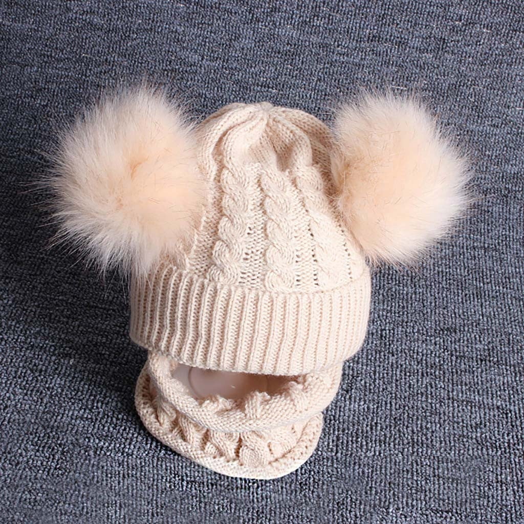 2PCS Kid Baby Knitting Wool Hemming Keep Warm Winter Hiarball Cap Hat Scarf Set 